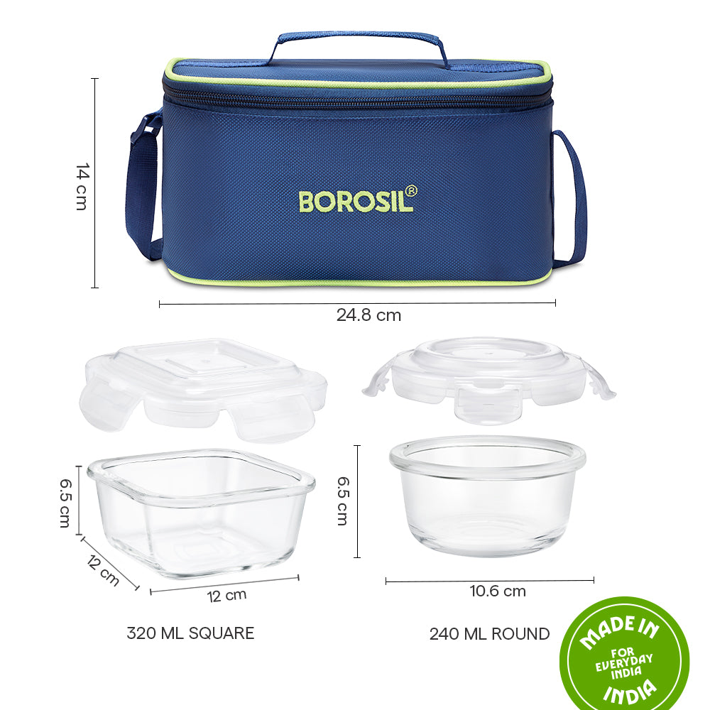 Borosil Blue Universal Glass Lunchbox, 320ml x 2 (+) 240ml x 2