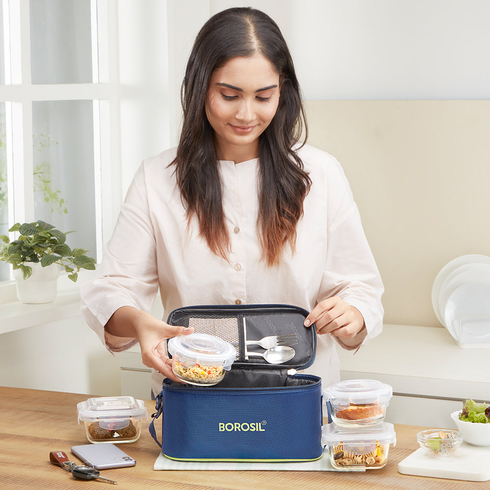 Borosil Blue Universal Glass Lunchbox, 320ml x 2 (+) 240ml x 2