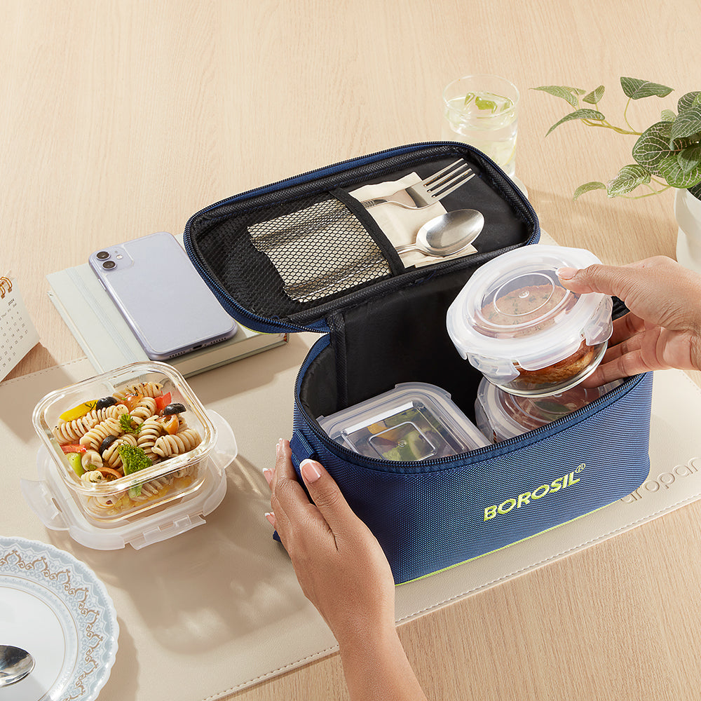 Borosil Blue Universal Glass Lunchbox, 320ml x 2 (+) 240ml x 2