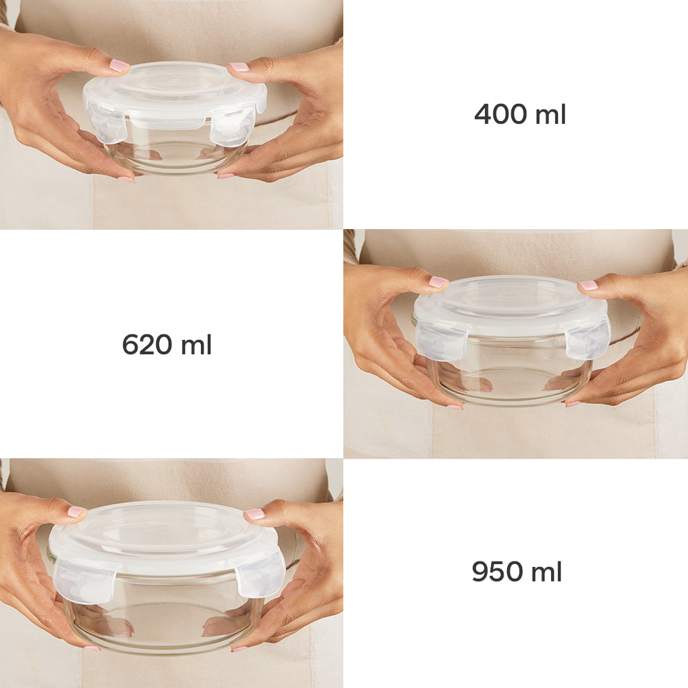 Borosil Tuff-Glass Klip n Store, Round, Set of 3, Containers