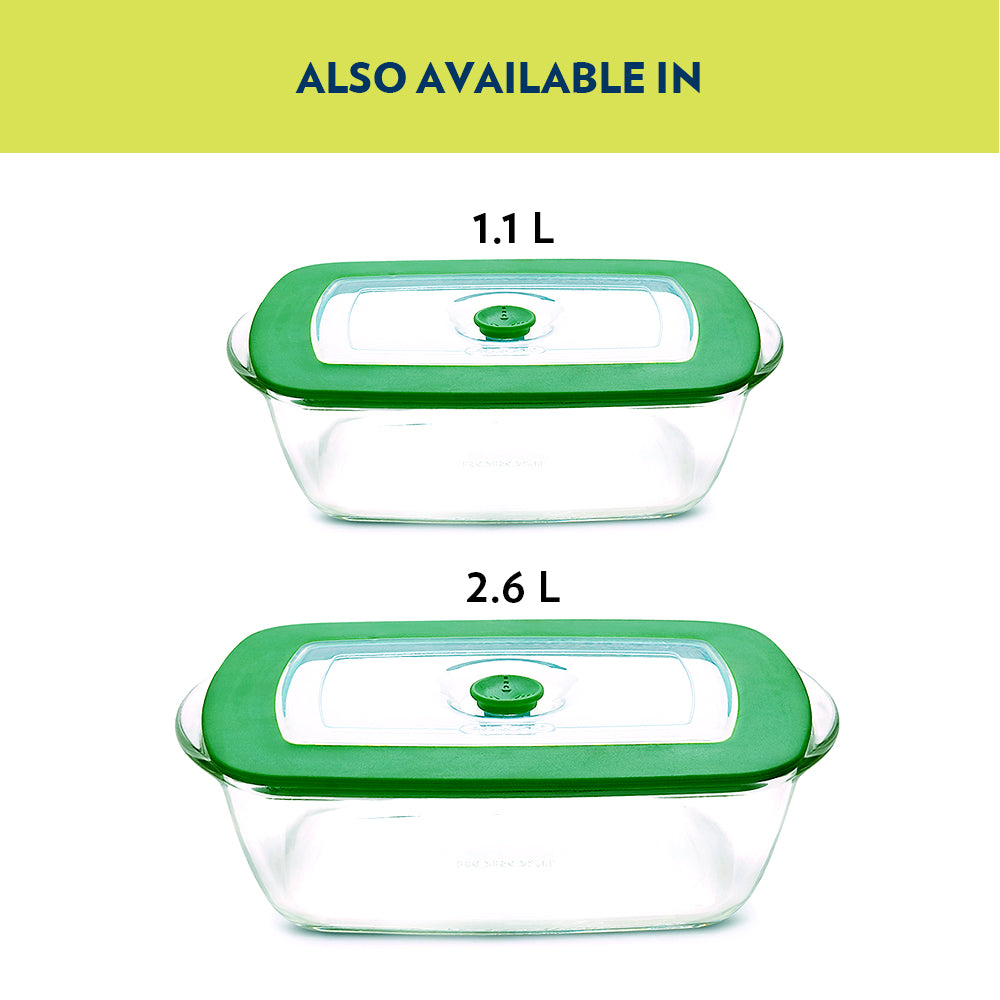 Borosil Rectangular Dish w Green Lid, 2.6L