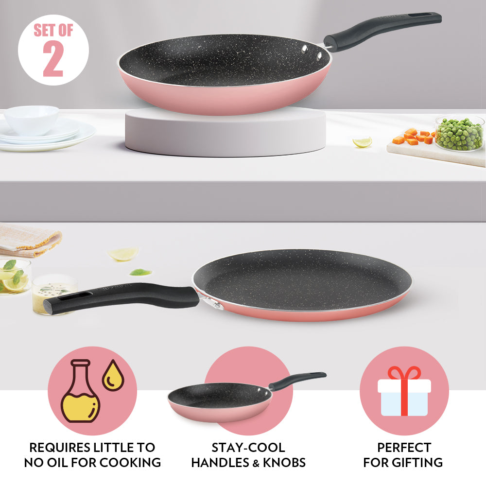 Borosil Festive Glory Cookware Set, Pink, 2 pc Set (Dosa Tawa + Fry Pan)