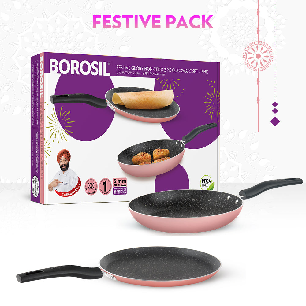 Borosil Festive Glory Cookware Set, Pink, 2 pc Set (Dosa Tawa + Fry Pan)