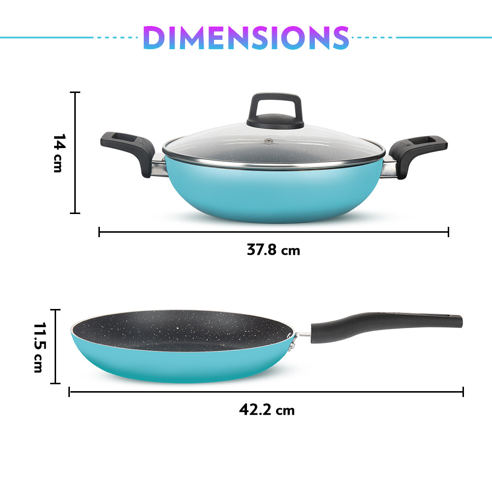 Borosil Festive Glory Cookware Set, Blue, 3 pc Set (Deep Kadhai + Fry Pan + Glass Lid)