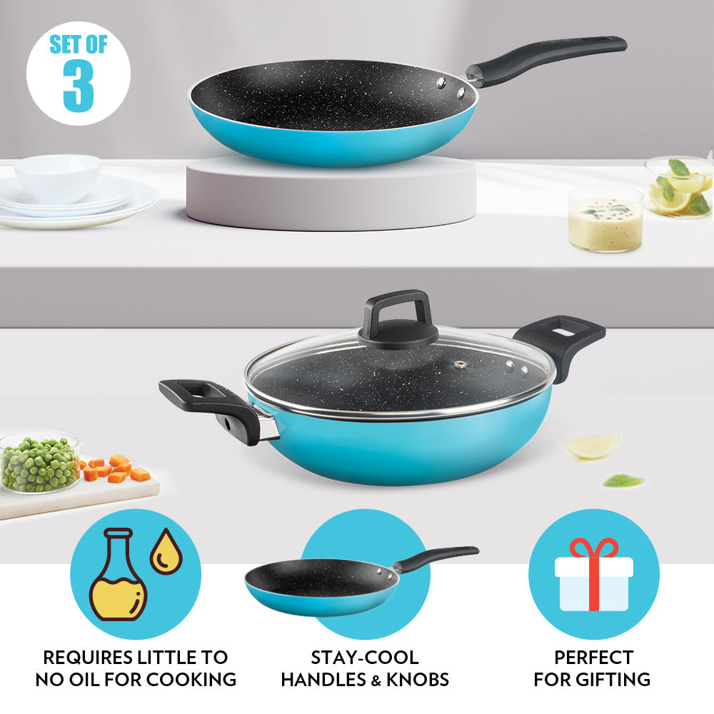 Borosil Festive Glory Cookware Set, Blue, 3 pc Set (Deep Kadhai + Fry Pan + Glass Lid)