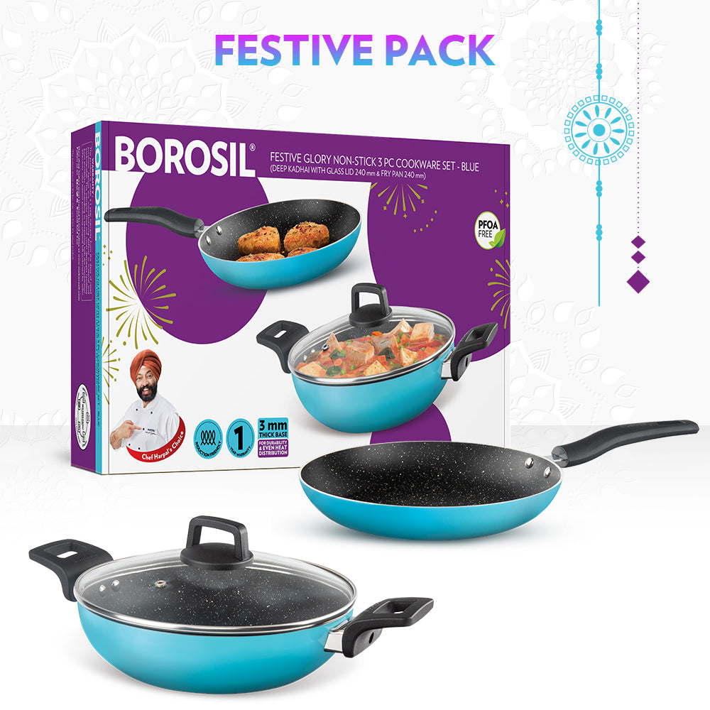 Borosil Festive Glory Cookware Set, Blue, 3 pc Set (Deep Kadhai + Fry Pan + Glass Lid)