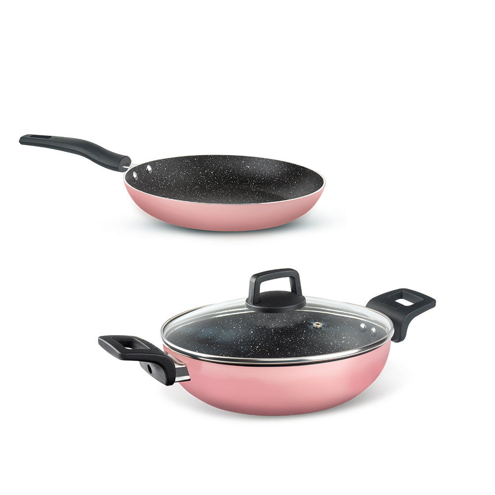 Borosil Festive Glory Cookware Set, Pink, 3 pc Set (Deep Kadhai + Fry Pan + Glass Lid)