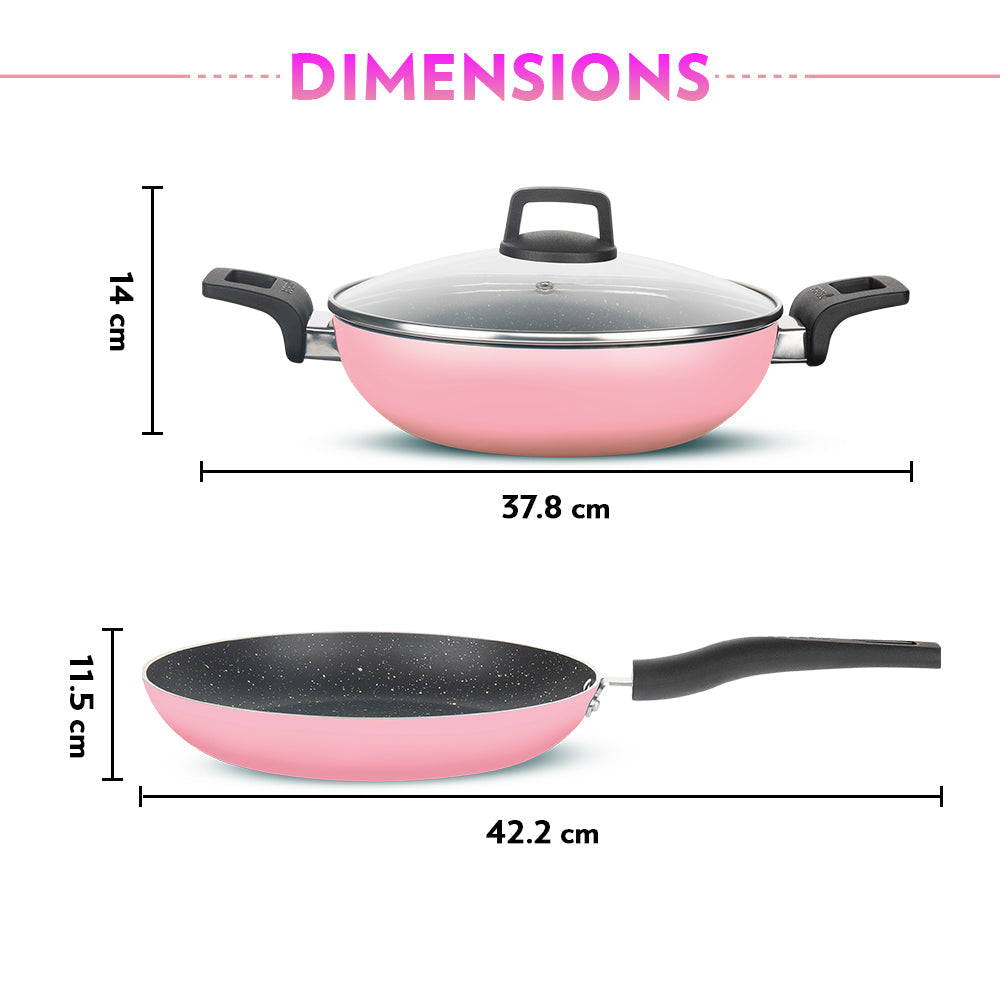Borosil Festive Glory Cookware Set, Pink, 3 pc Set (Deep Kadhai + Fry Pan + Glass Lid)