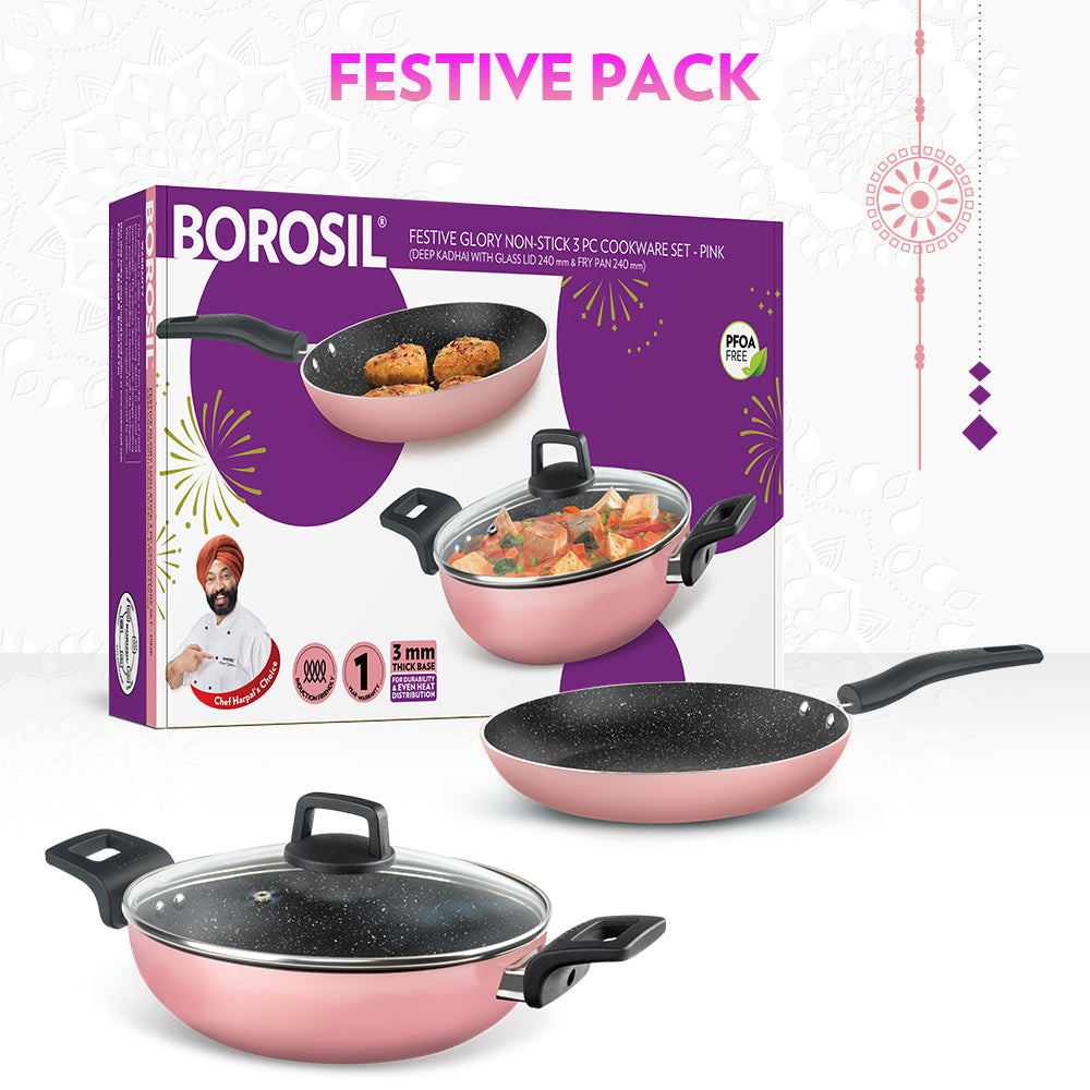 Borosil Festive Glory Cookware Set, Pink, 3 pc Set (Deep Kadhai + Fry Pan + Glass Lid)