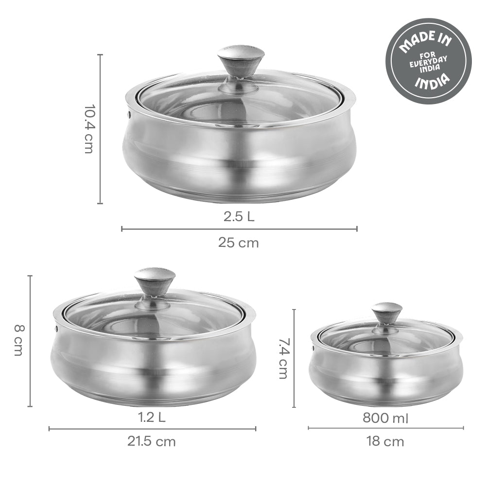 Borosil Servefresh Handi Server Set of 3, 800ml+1.2L+2.5L