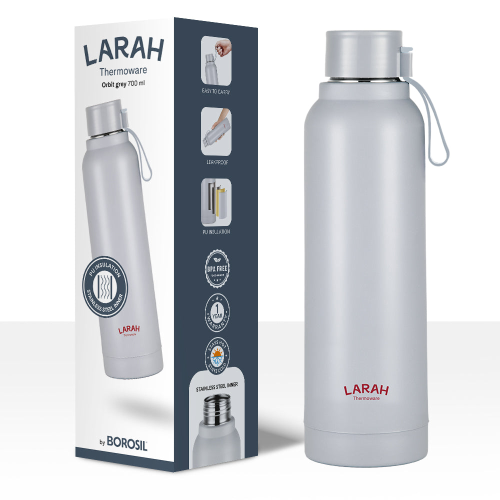 Larah Orbit Round PU Thermoware Bottle, 700 ml, Grey