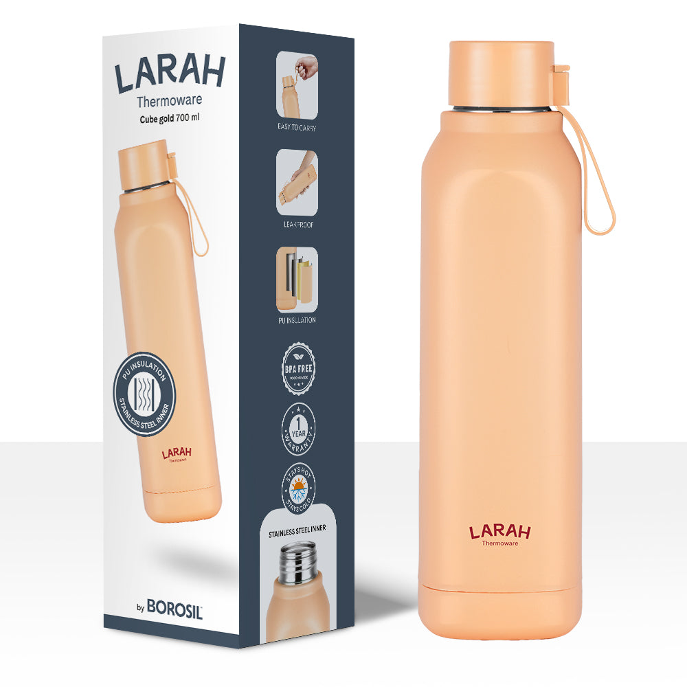 Larah Cube Square PU Thermoware Bottle, 700 ml, Gold