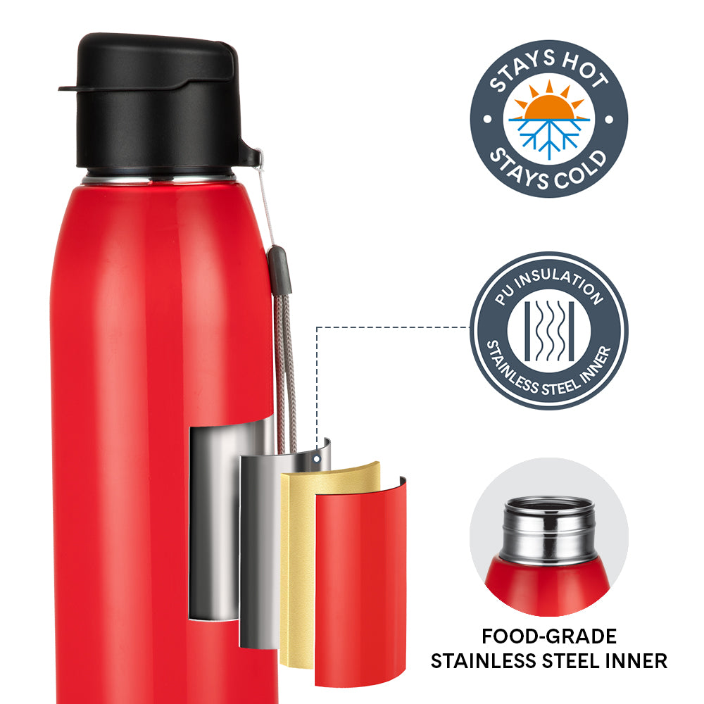 Larah Airo Round PU Thermoware Bottle, 650 ml, Red