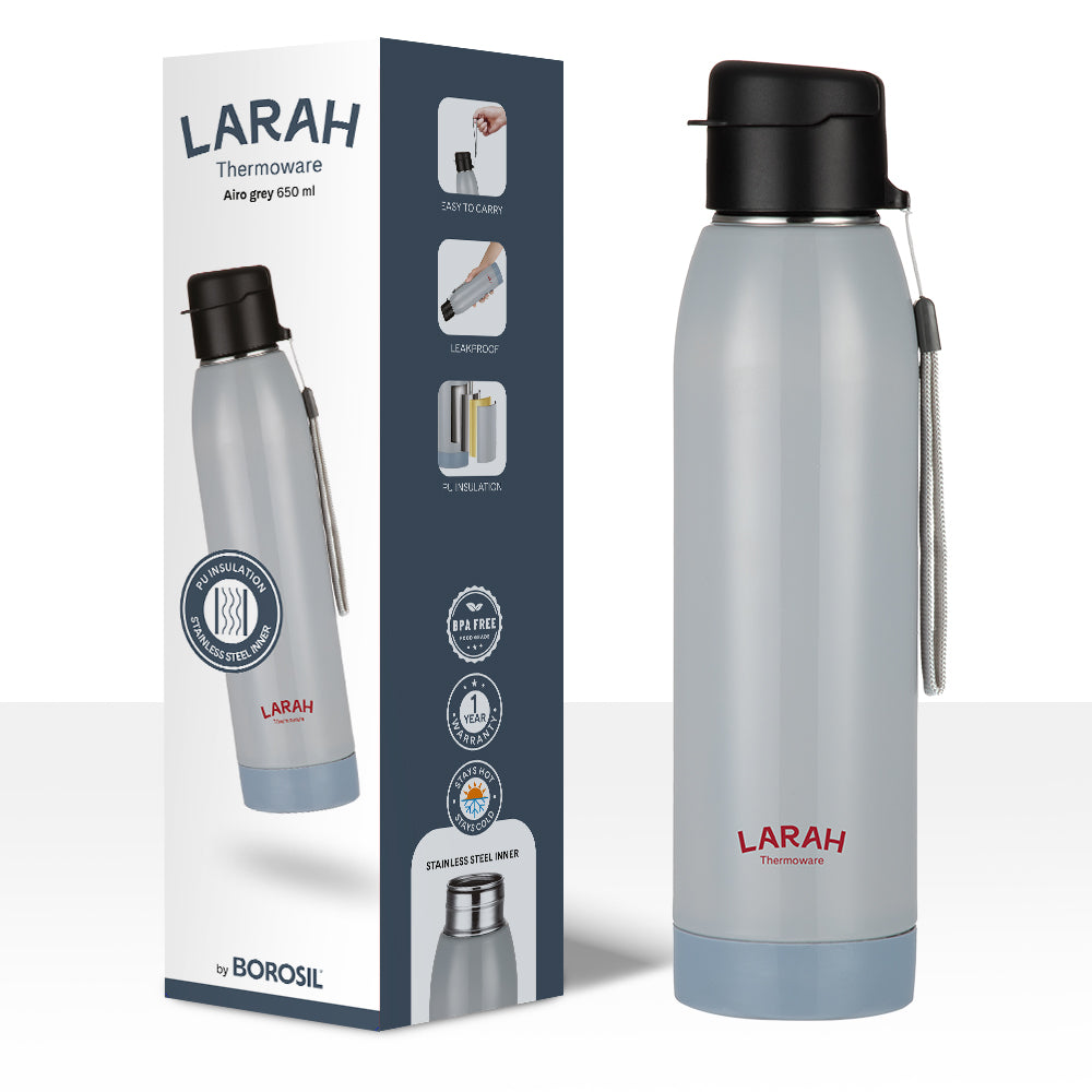 Larah Airo Round PU Thermoware Bottle, 650 ml, Grey