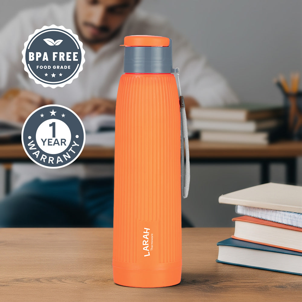 Larah Lava Fluted PU Thermoware Bottle, 700 ml, Orange
