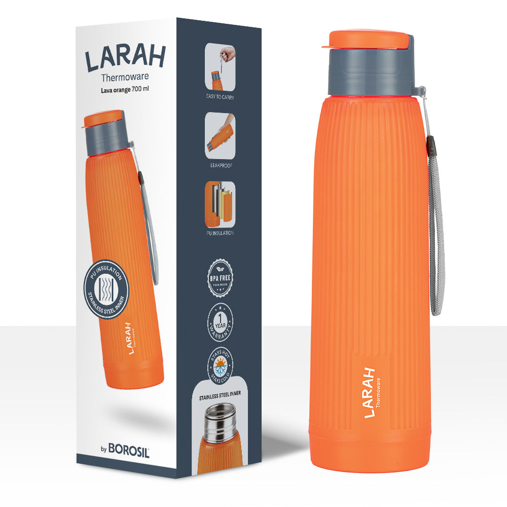 Larah Lava Fluted PU Thermoware Bottle, 700 ml, Orange