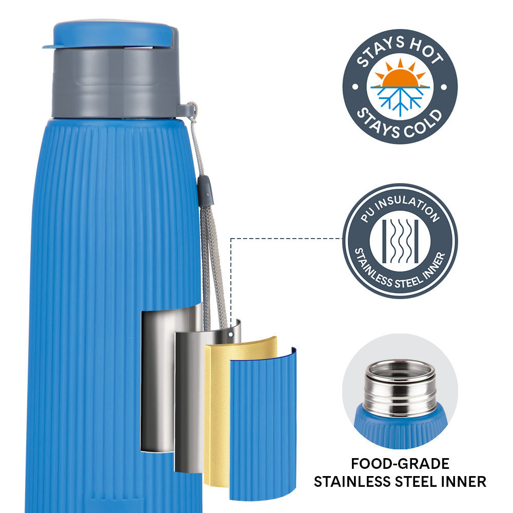 Larah Lava Fluted PU Thermoware Bottle, 700 ml, Blue
