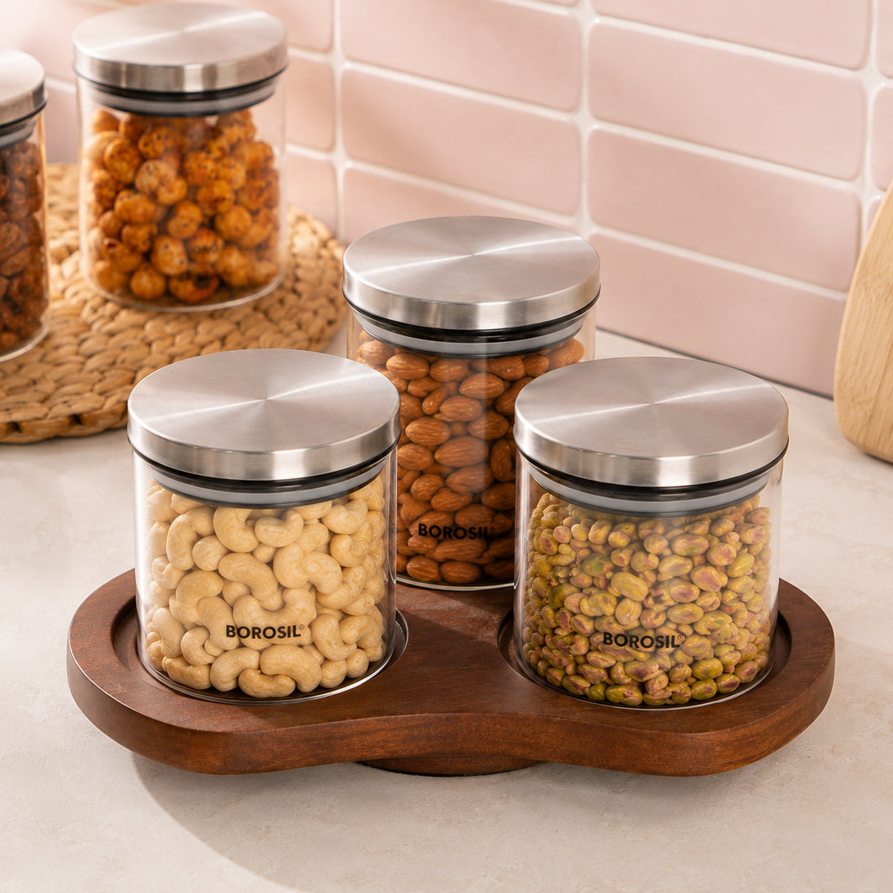 Verve Rotating Wooden Stand + 3 Glass Jars SS Lid – Complete Storage Set