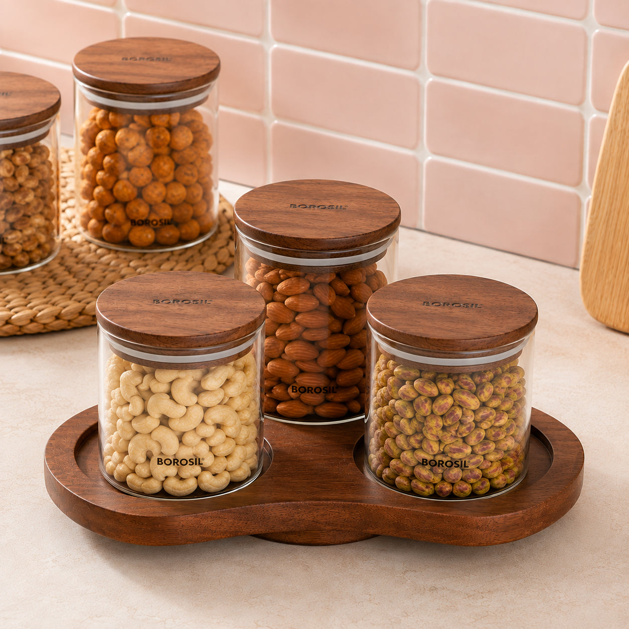Verve Rotating Wooden Stand + 3 Glass Jars Wooden Lid – Complete Storage Set