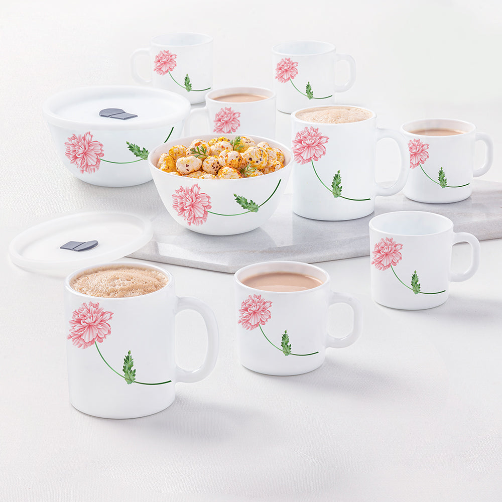 Larah by Borosil Red Mist Snack Set w Mugs, 12 pc
