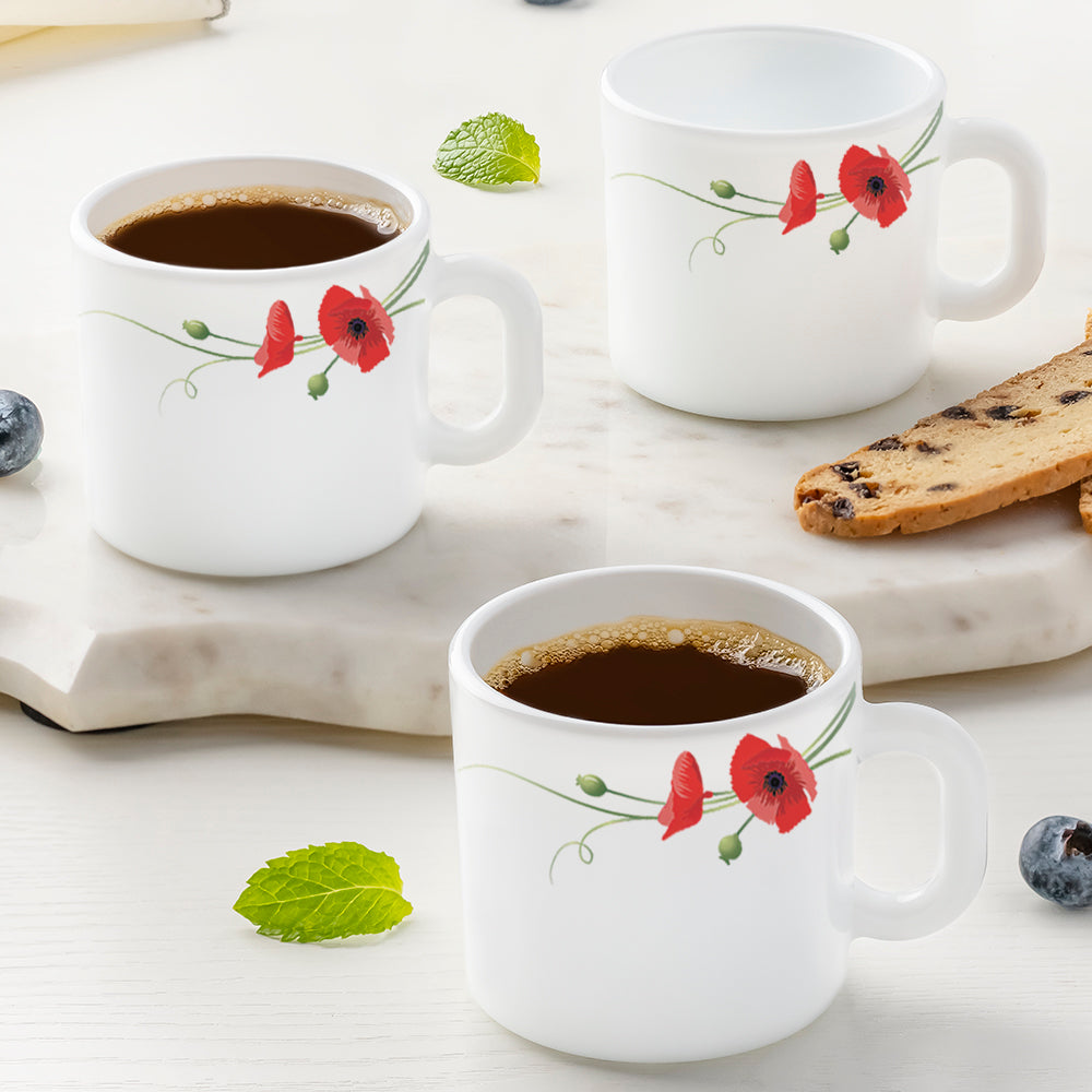 Larah by Borosil Red Carnation Mug Set, 180ml x 12