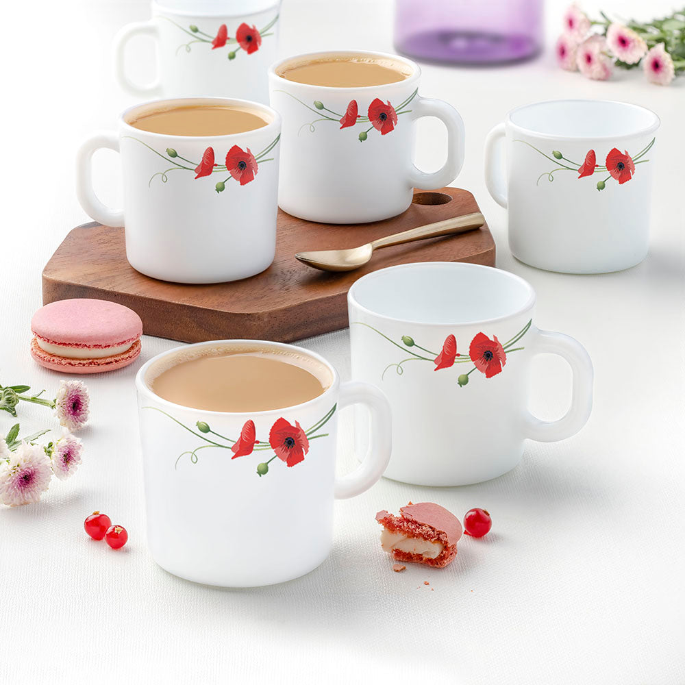 Larah by Borosil Red Carnation Mug Set, 180ml x 12
