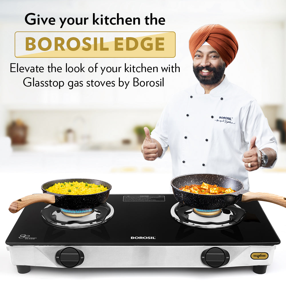 My Borosil Cooktop 2 Burners (1 Large & 1 Small) Borosil Blaze Glass-top Gas stove, 2 Burners