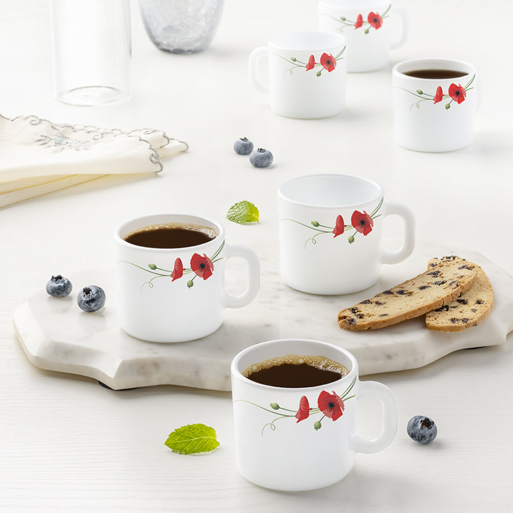 Larah by Borosil Red Carnation Mug Set, 180ml x 12