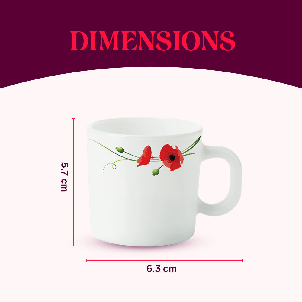 Larah by Borosil Red Carnation Mug Set, 180ml x 6