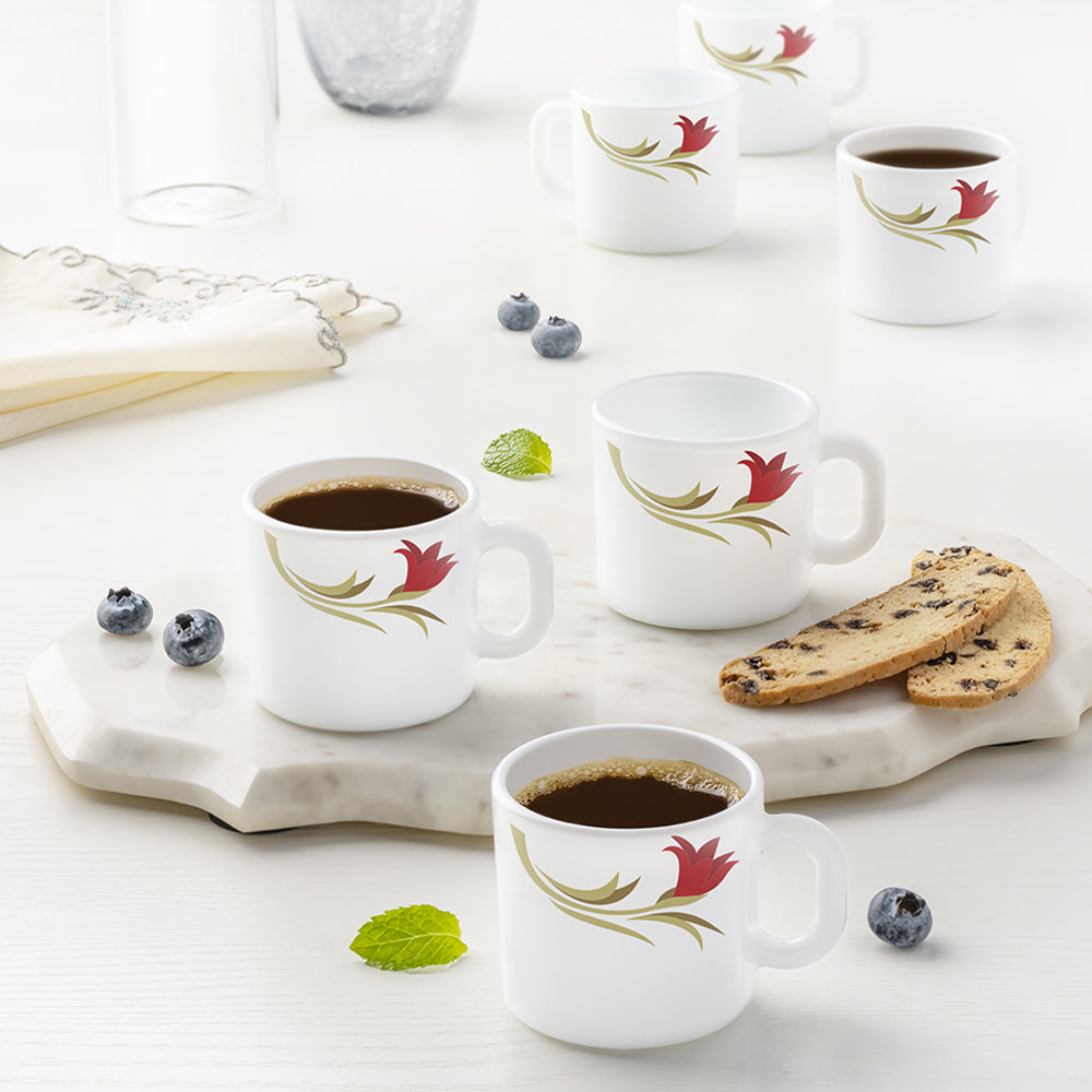 Larah by Borosil Red Lily Mug Set, 180ml x 6
