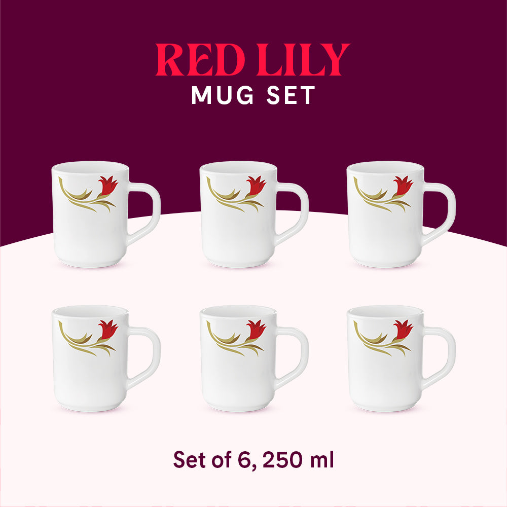 Larah by Borosil Red Lily Mug Set, 180ml x 6