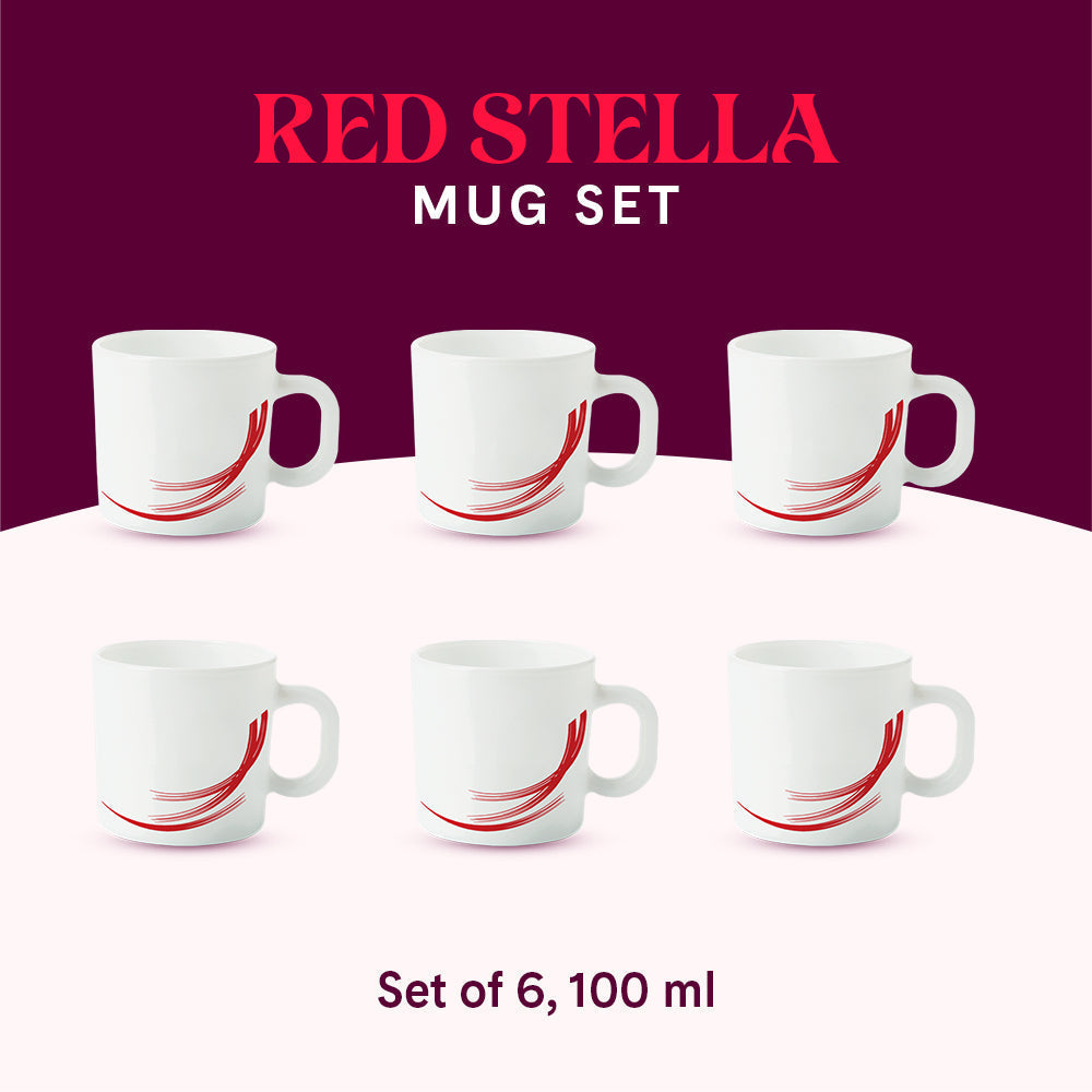 Larah by Borosil Red Stella Mug Set, 180ml x 6