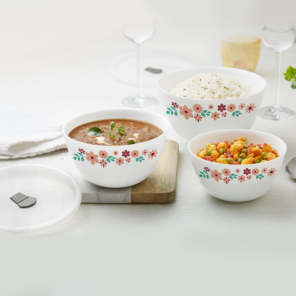 Larah by Borosil Ayana Mixing Bowl Set w Lid, 6 pc Set (500ml + 750ml + 1 L)