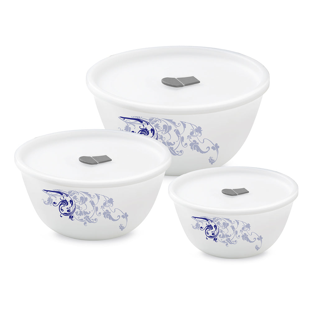 Larah by Borosil Blue Eve Mixing Bowl Set w Lid, 4 pc Set (500ml + 750ml)