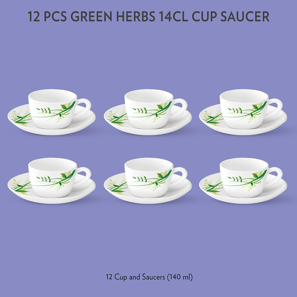 Larah by Borosil Green Herbs Cup n Saucer Set, 140ml x 12