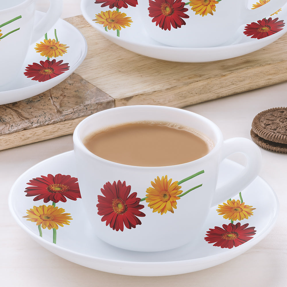 Larah by Borosil Zinnia Cup n Saucer Set, 140ml x 8