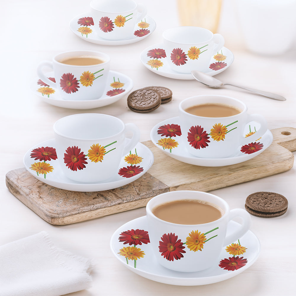 Larah by Borosil Zinnia Cup n Saucer Set, 140ml x 8