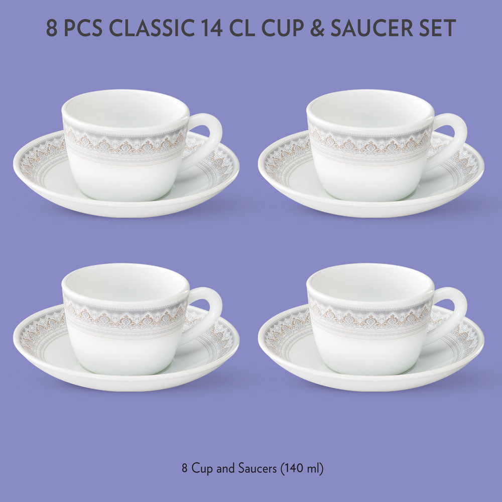 Larah by Borosil Classic Cup n Saucer Set, 140ml x 8