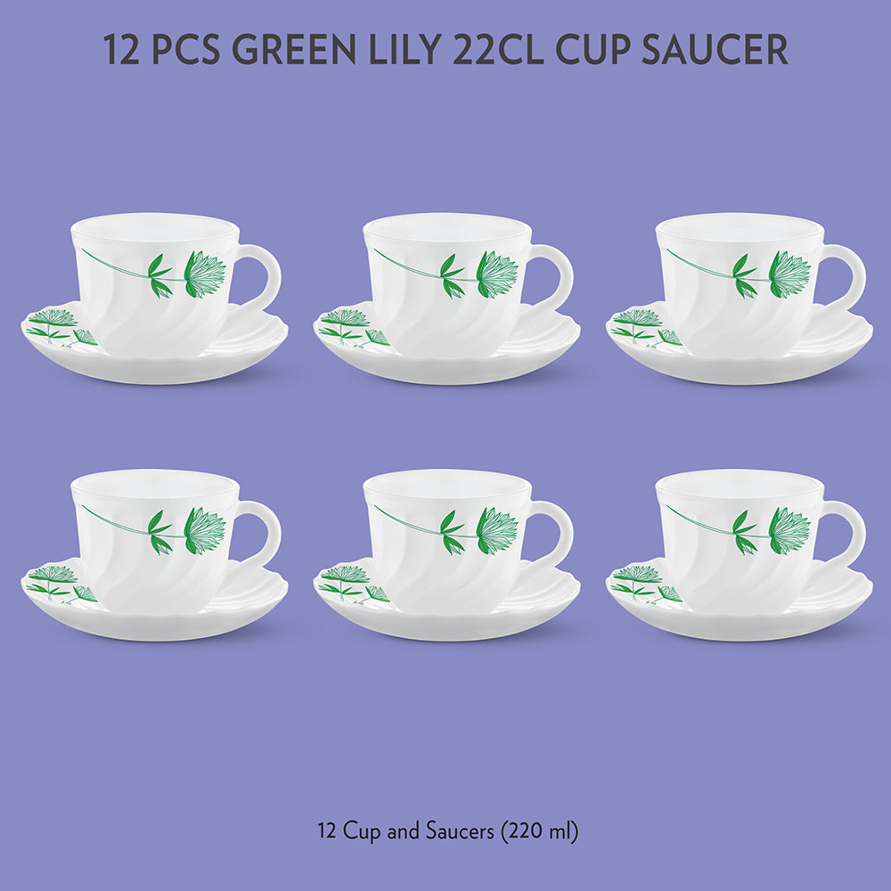 Larah by Borosil Green Lily Cup n Saucer Set, 90ml x 12