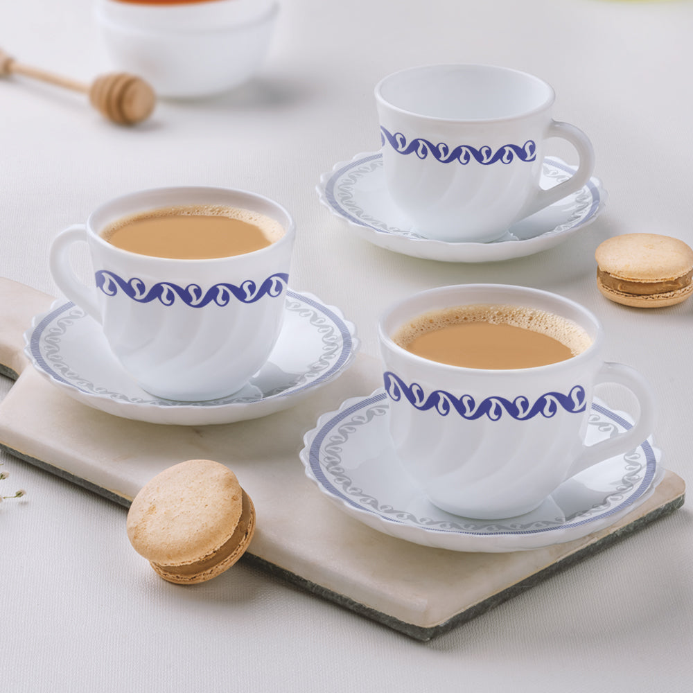 Larah by Borosil Jazzblue Cup n Saucer Set, 140ml x 8