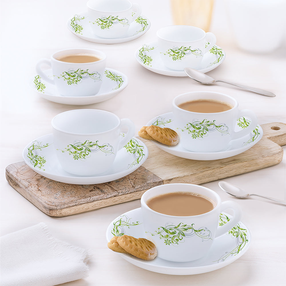Larah by Borosil Opalware Classic Cup and Saucer Set, 145ml, 12
