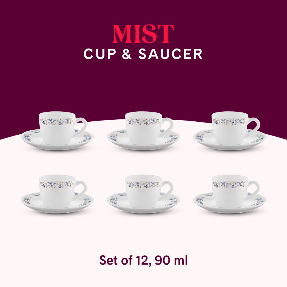 Larah by Borosil Mist Cup n Saucer Set, 140ml x 8