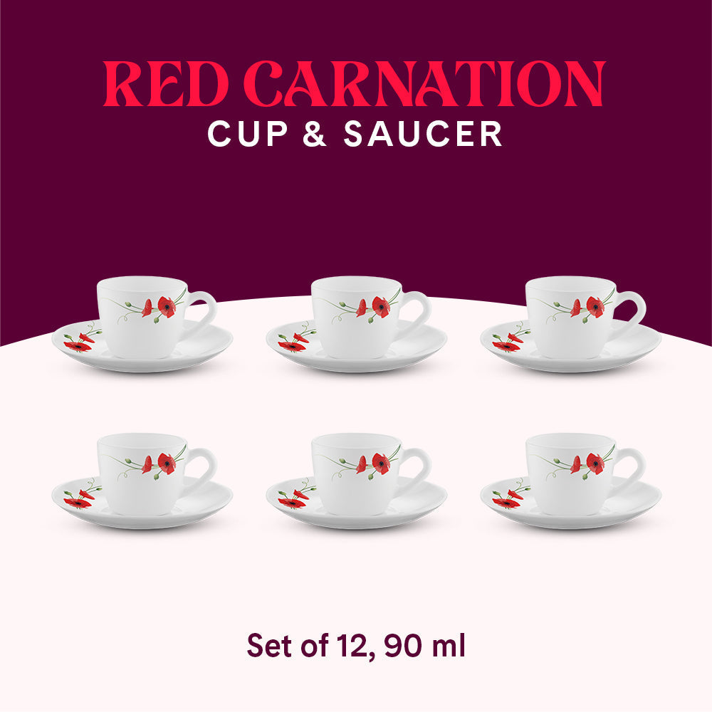 Larah by Borosil Red Carnation Cup n Saucer Set, 140ml x 12