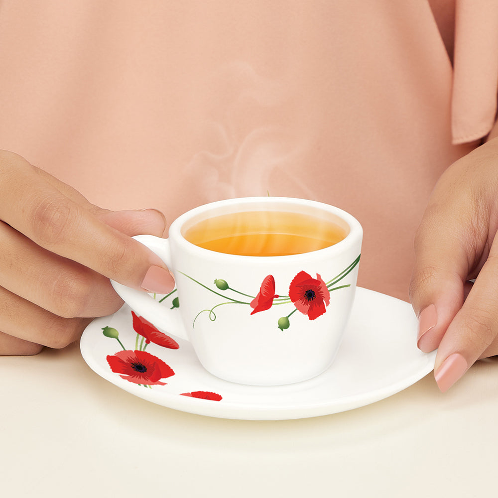 Larah by Borosil Red Carnation Cup n Saucer Set, 140ml x 12