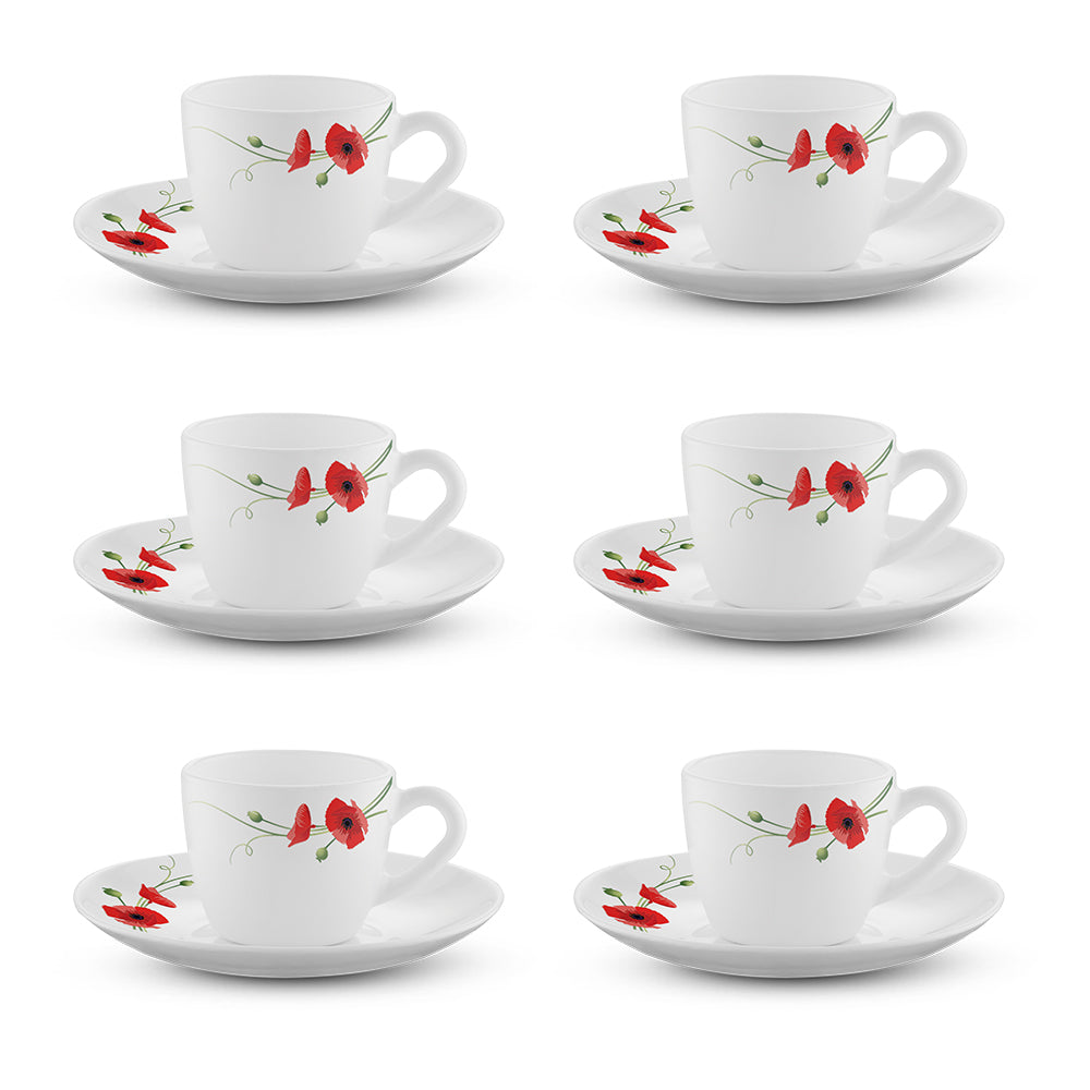 Larah by Borosil Red Carnation Cup n Saucer Set, 140ml x 12