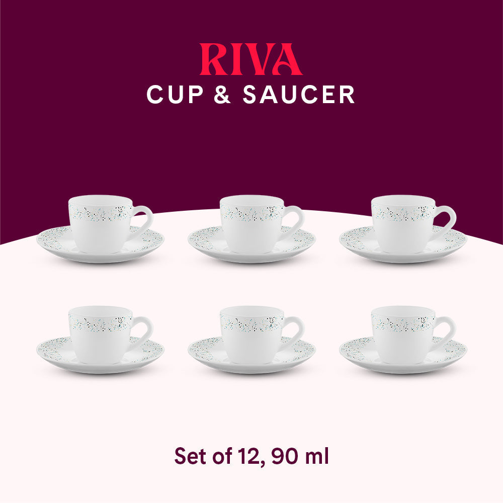 Larah by Borosil Riva Cup n Saucers Set, 140ml x 12
