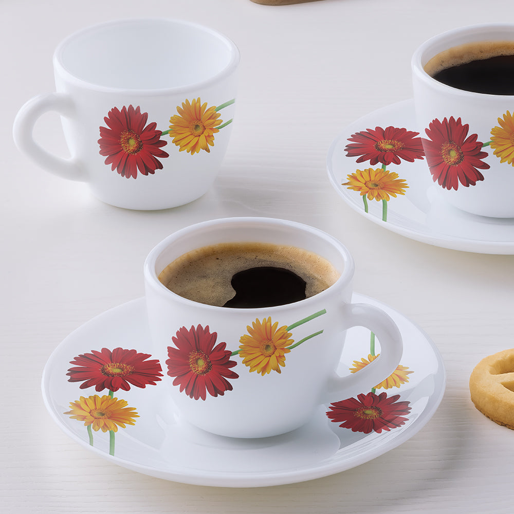 Larah by Borosil Zinnia Cup n Saucer Set, 140ml x 8