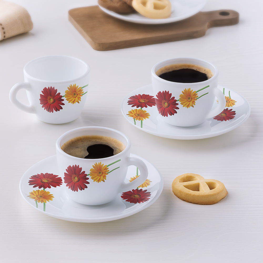 Larah by Borosil Zinnia Cup n Saucer Set, 140ml x 8