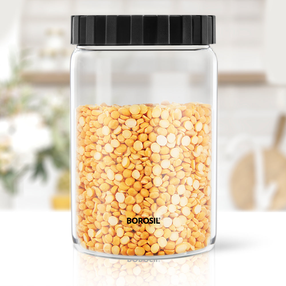 Borosil Endura Airtight Glass Jar, Black Lid, 1.2L