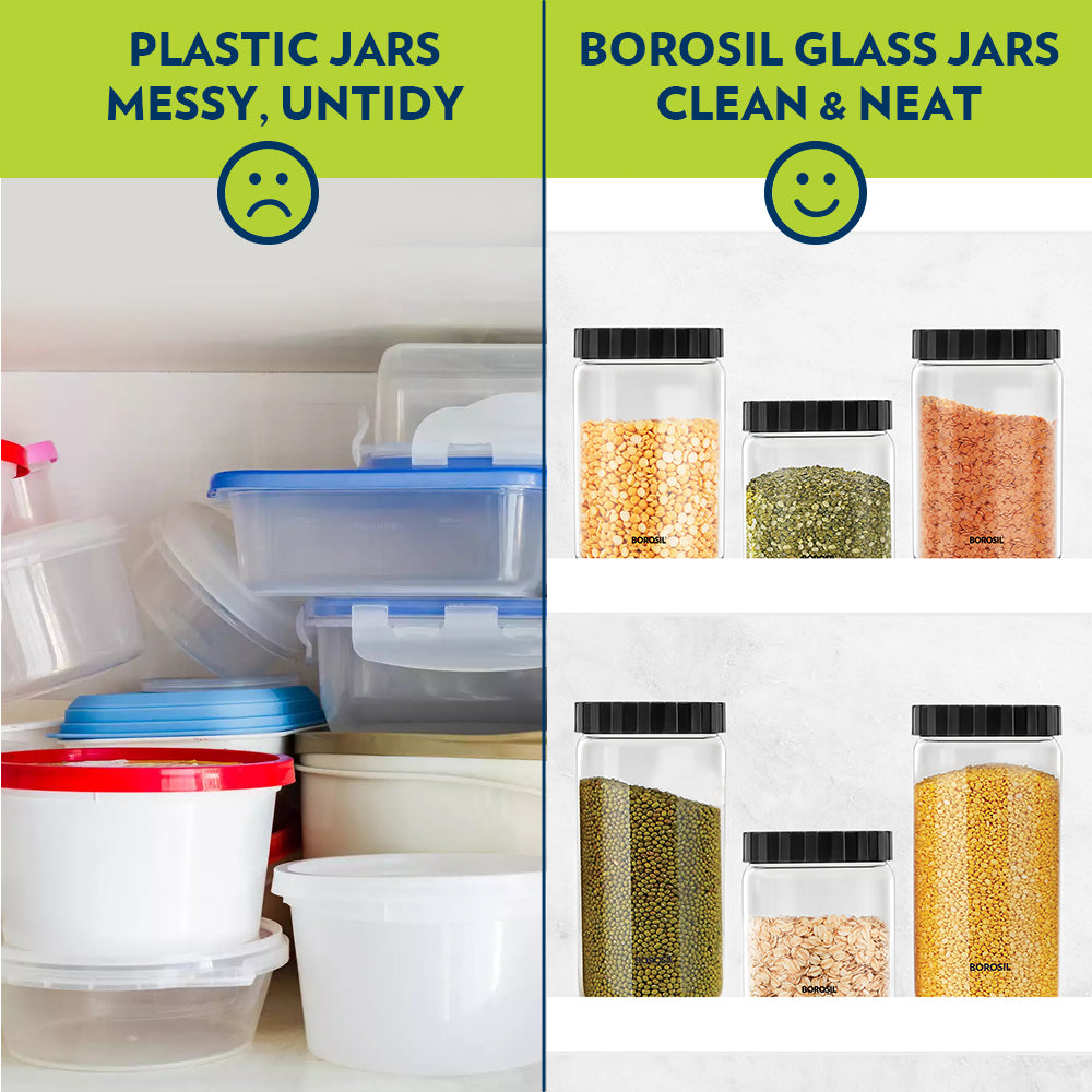 Borosil Endura Airtight Glass Jar, Black Lid, 1.2L